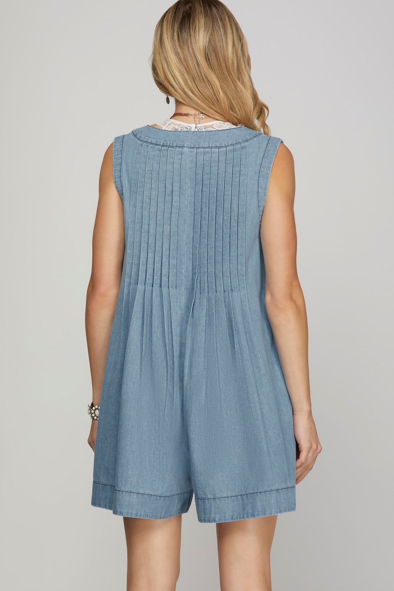 Pleated Denim Romper