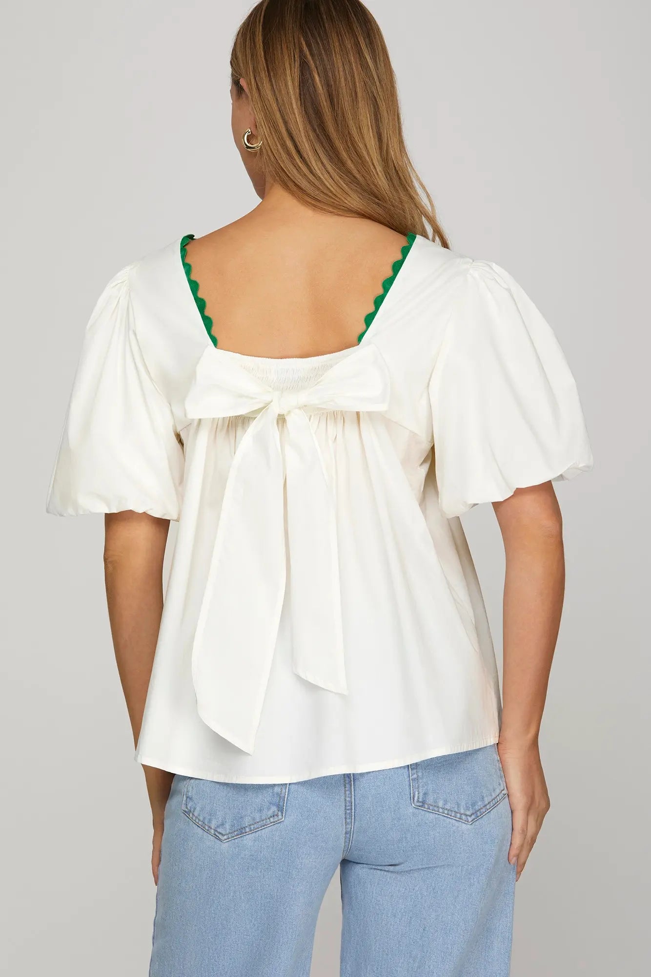 White and Green Puff Sleeve Top