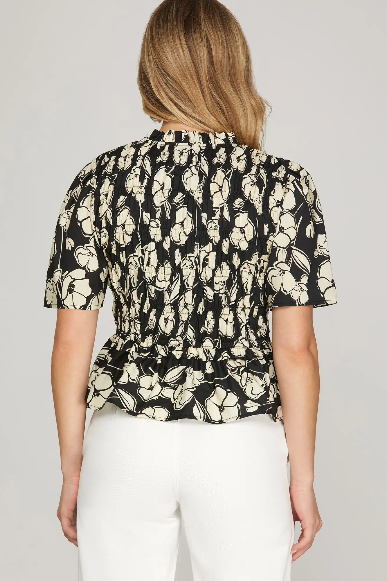 Black Floral Smocked Top