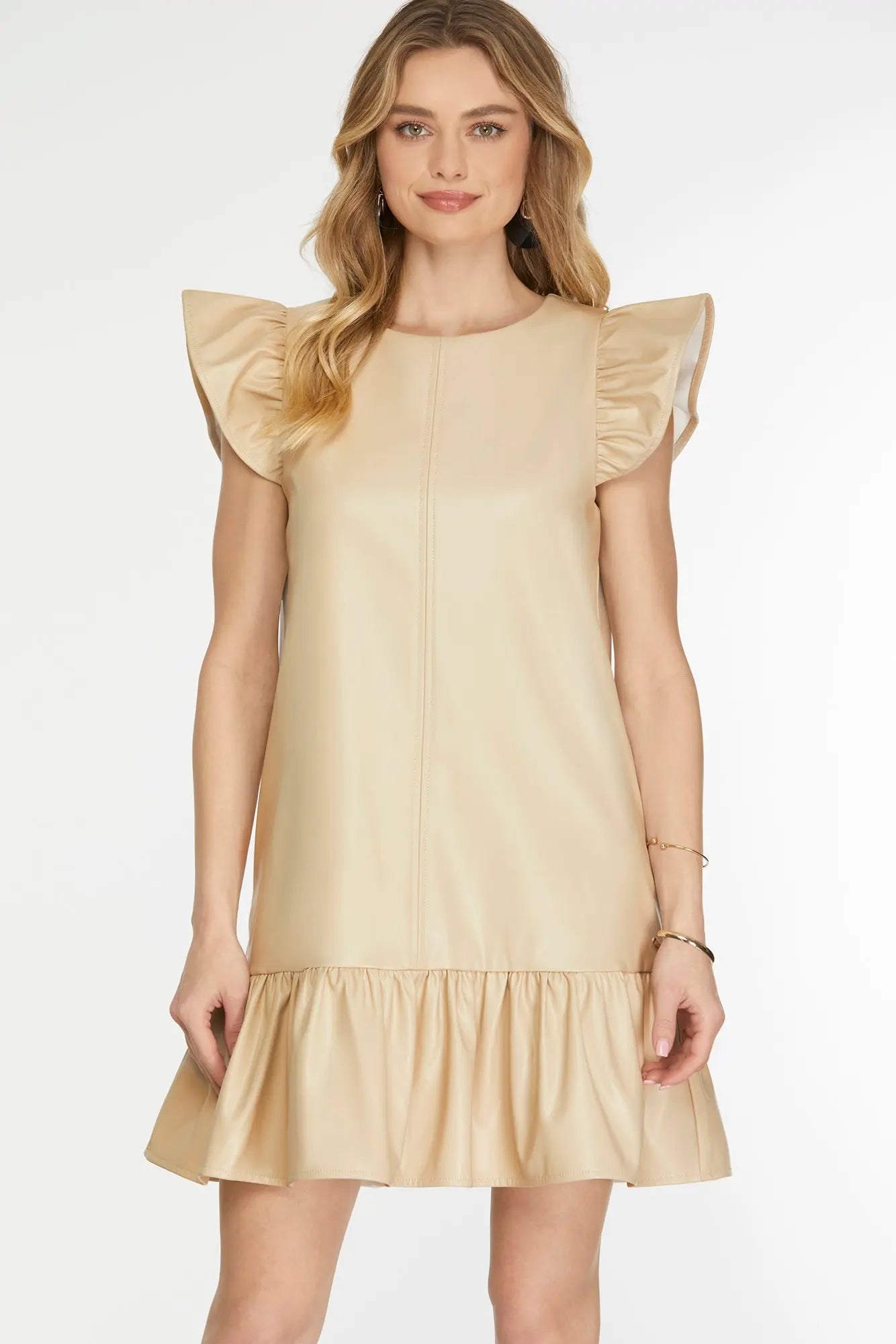 Faux Leather Ruffle Hem Dress
