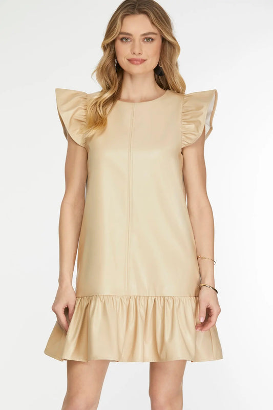 Faux Leather Ruffle Hem Dress
