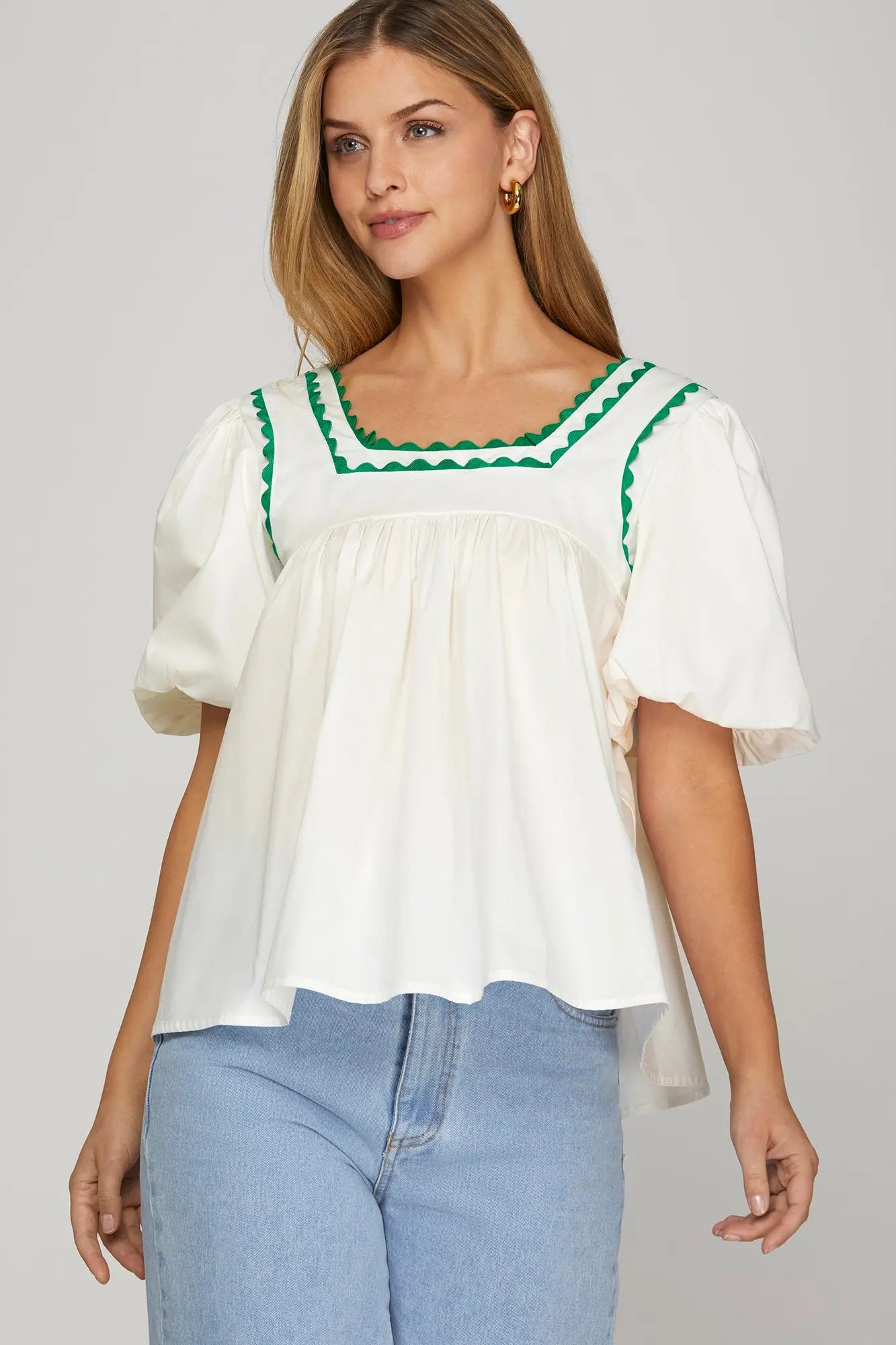 White and Green Puff Sleeve Top
