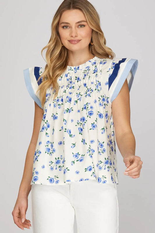 Blue Contrast Floral Top